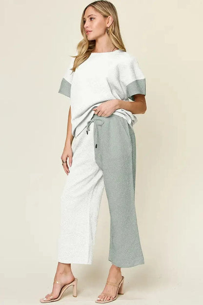 Double Take Full Size Texture Contrast T-Shirt and Wide Leg Pants Set.