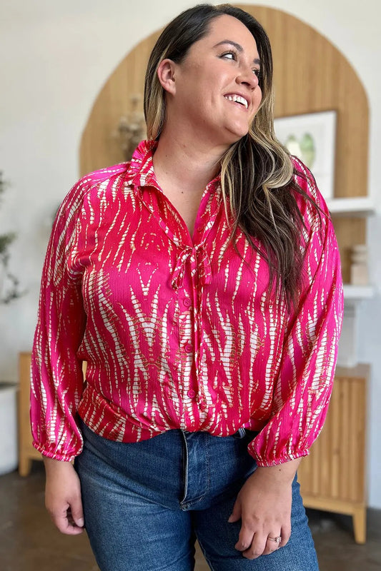 Double Take Full Size Printed Button Up Long Sleeve Shirt - Love Salve