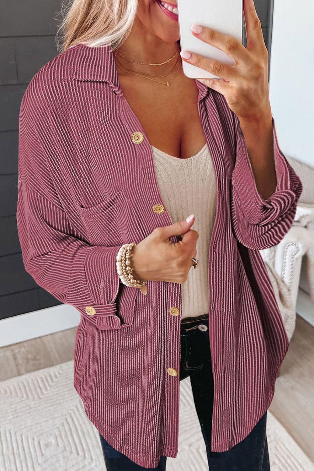 Striped Collared Neck Long Sleeve Shirt.