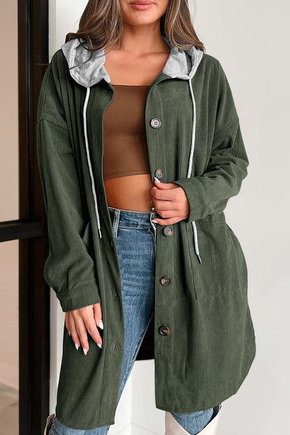 Jungle Green Corduroy Hooded Shacket