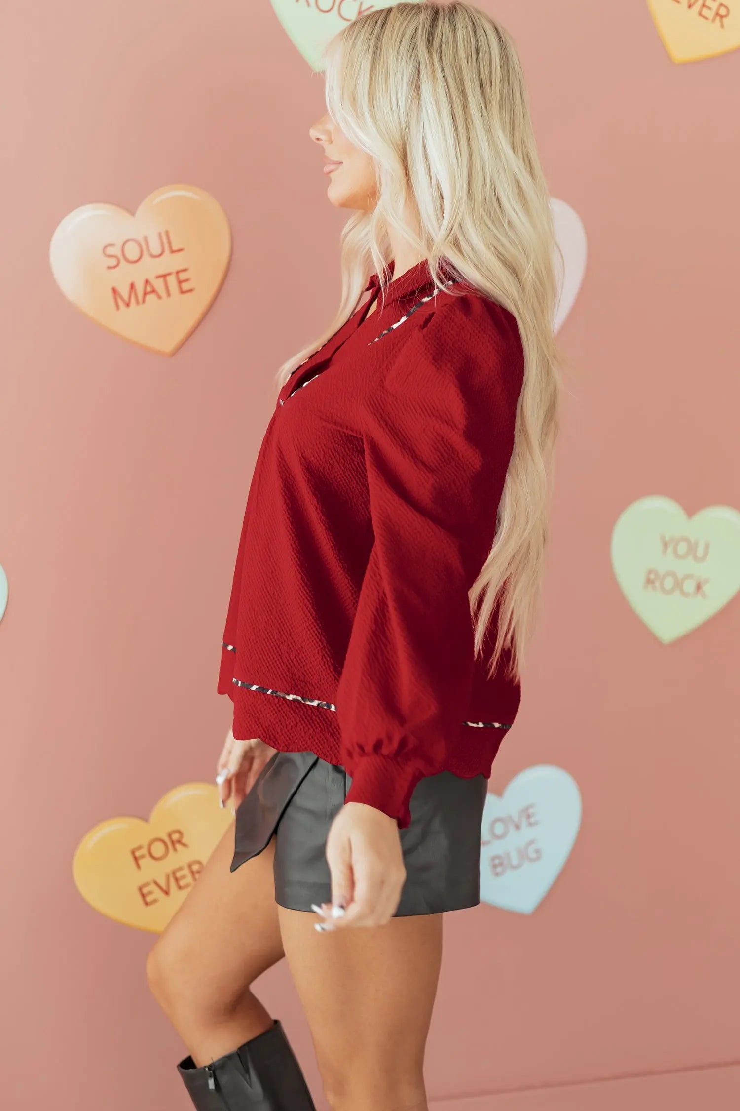 Fiery Red Collar V Neck Leopard Print Textured Blouse Dear-Lover Dropshipping