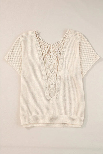 Plus Size Textured Lace Round Neck Short Sleeve T-Shirt.