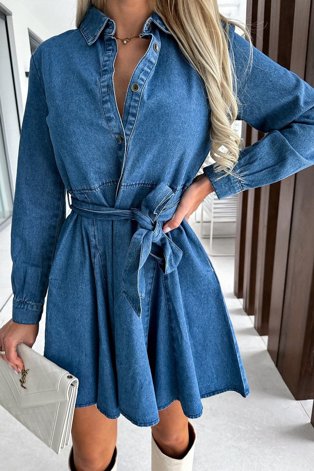 Tied Half Button Long Sleeve Denim Dress.