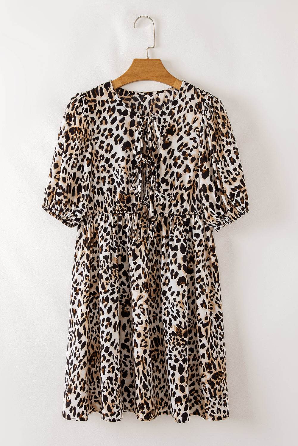 Multicolour Leopard Tie Front Puff Sleeve Short Flared Dress