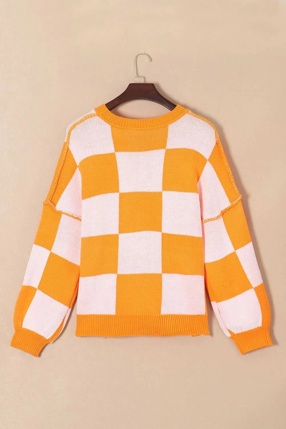 Pumpkin Checkered Round Neck Long Sleeve Sweater