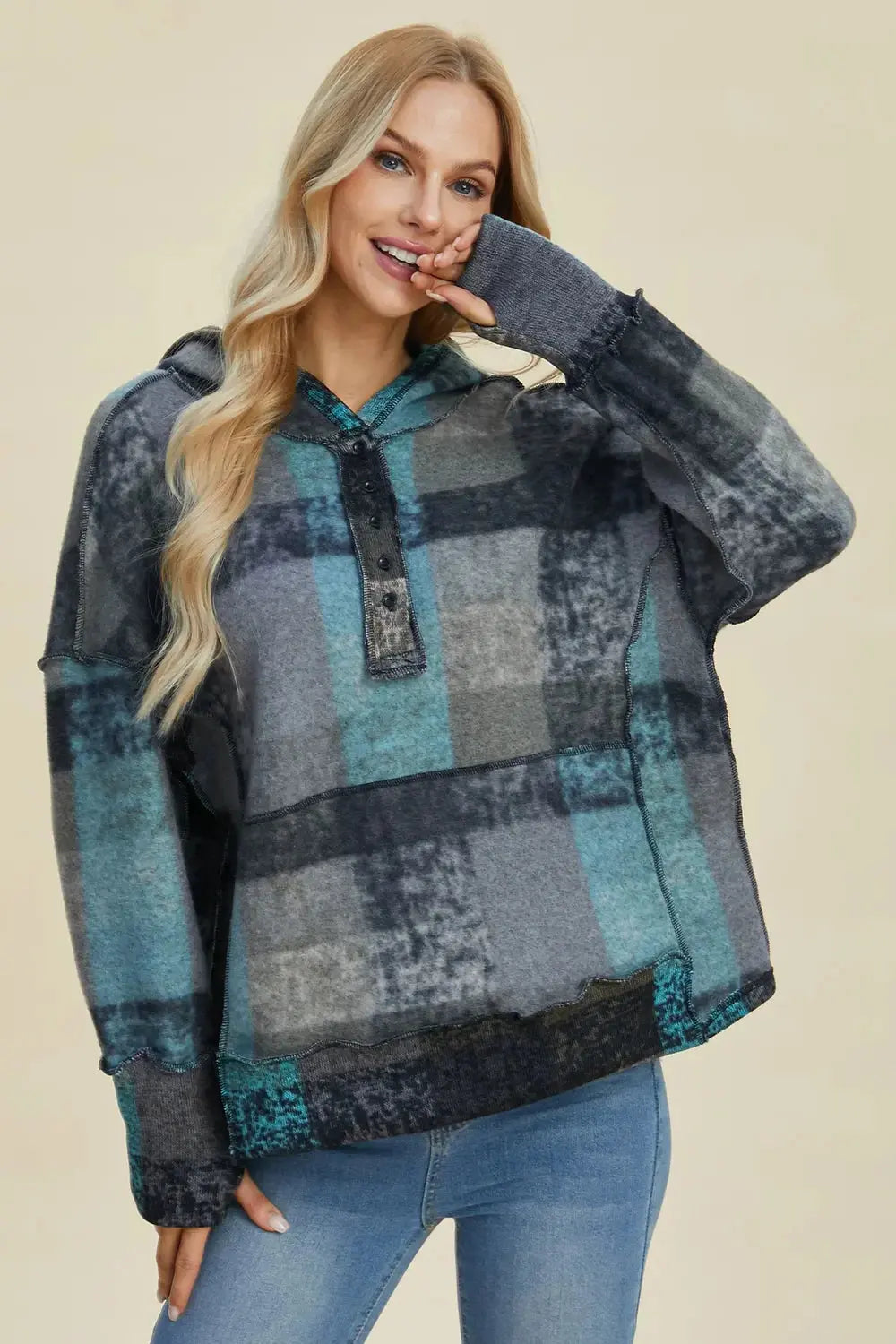 Double Take Full Size Plaid Dropped Shoulder Fleece Hoodie - Love Salve