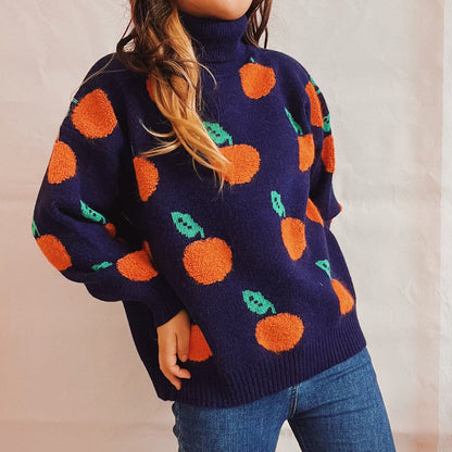 Fruit Pattern Turtleneck Dropped Sweater.