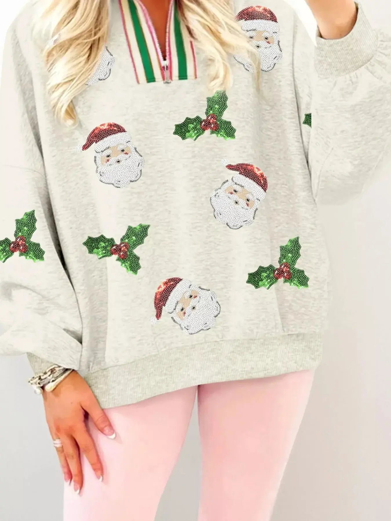 Sequin Santa Christmas Holly Patched Striped Trim Zip V Neck Sweatshirt Simply Love