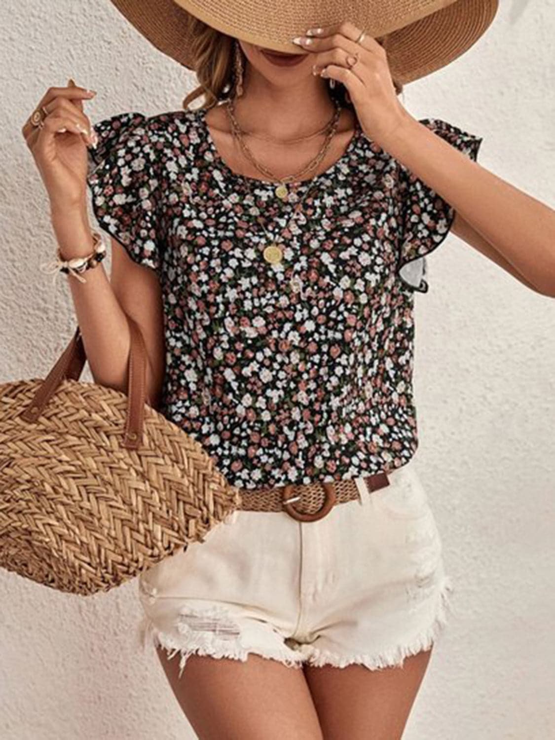 Ditsy Floral Round Neck Cap Sleeve Top.