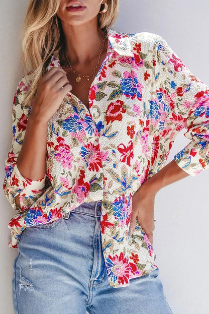 Floral print collared long sleeve blouse