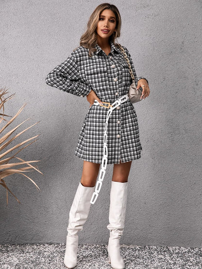 Pocketed Plaid Long Sleeve Mini Dress.