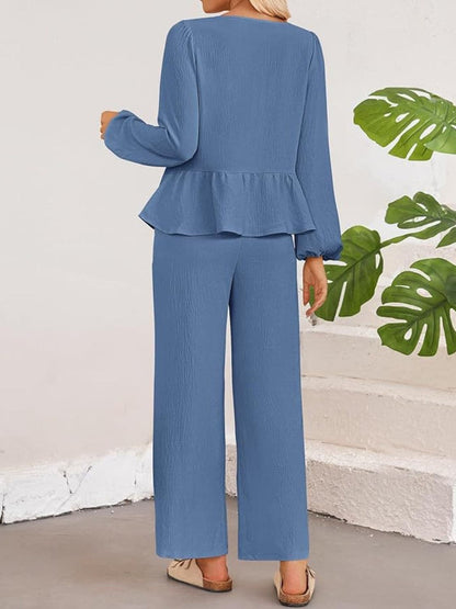 Chic tie neck balloon sleeve top and pants ensemble