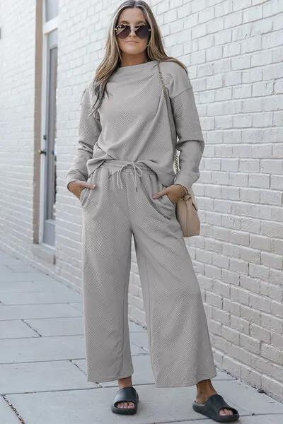 Double Take Full Size Textured Long Sleeve Top and Drawstring Pants Set - Love Salve