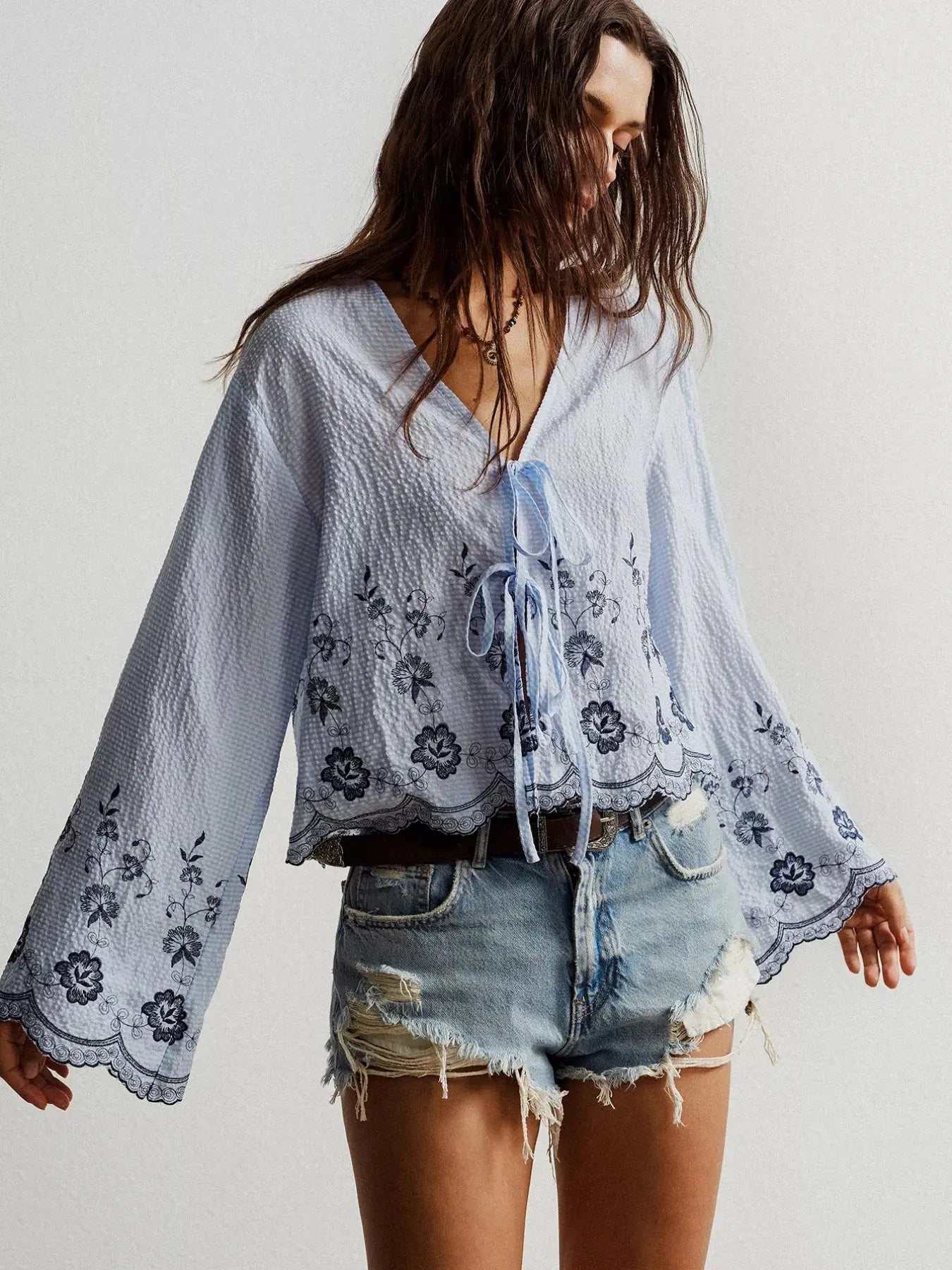 Floral Embroidered Tie-Front Blouse Simply Love