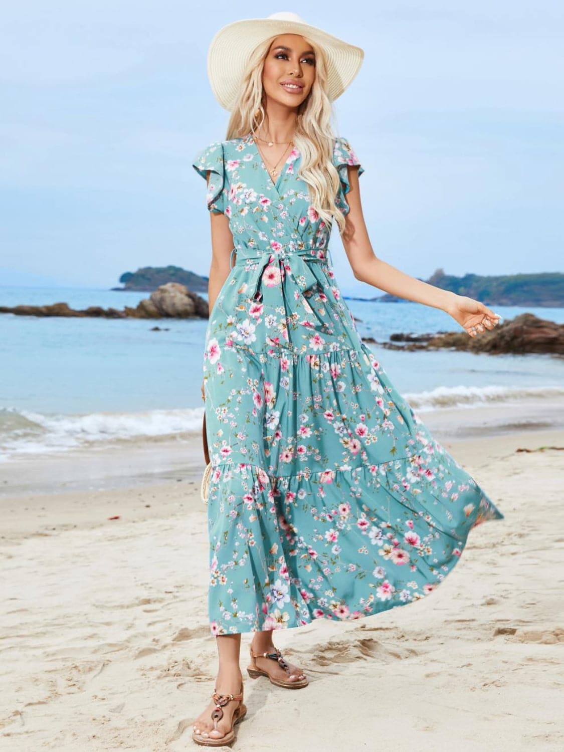 Ruffled Printed Surplice Cap Sleeve Midi Dress.