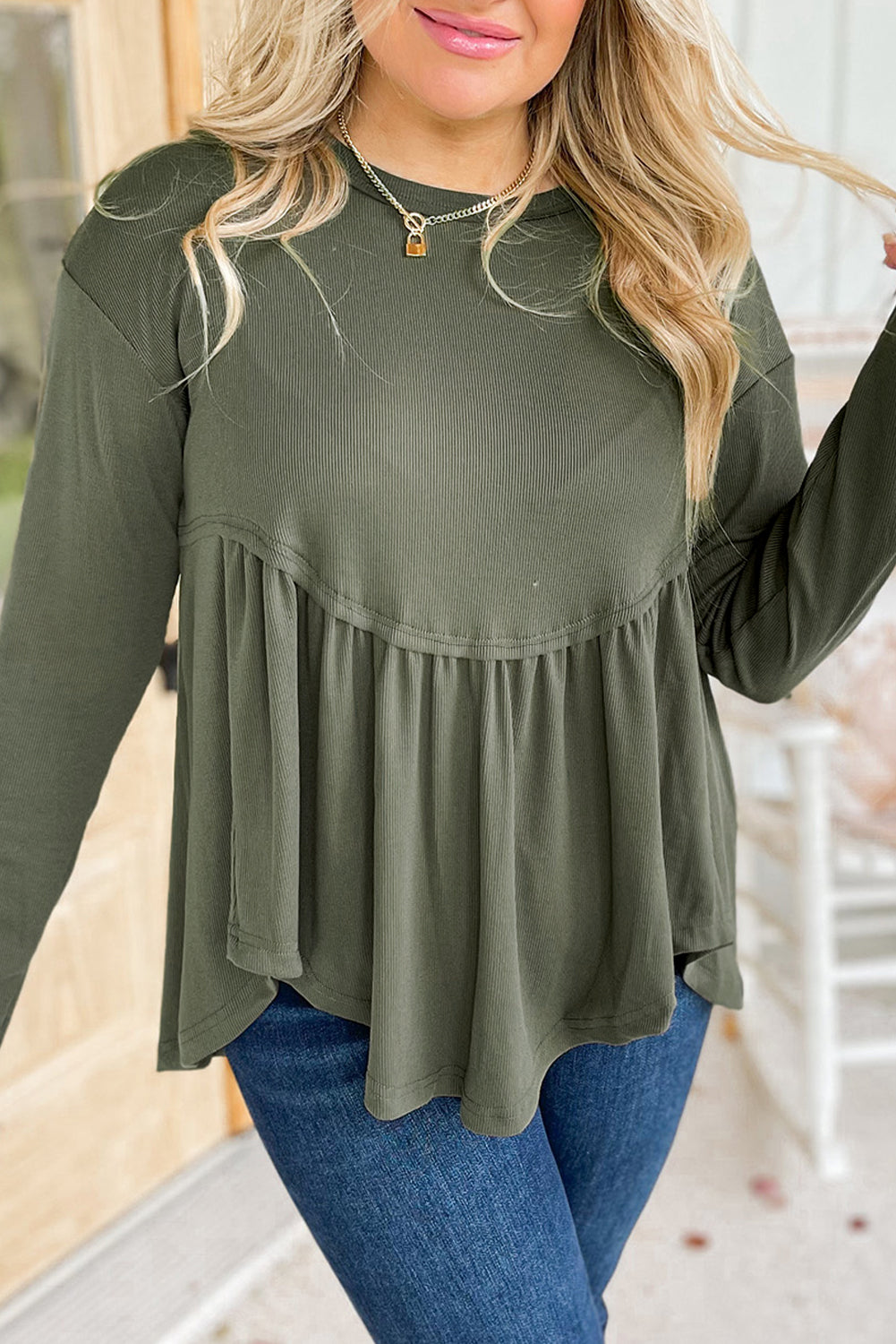 Mist green plus size ruffled thermal babydoll top