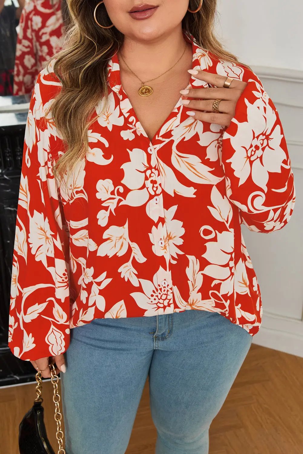 Premium Red Plus Size Floral Print Loose Button Up Shirt For Women Dear-Lover Dropshipping