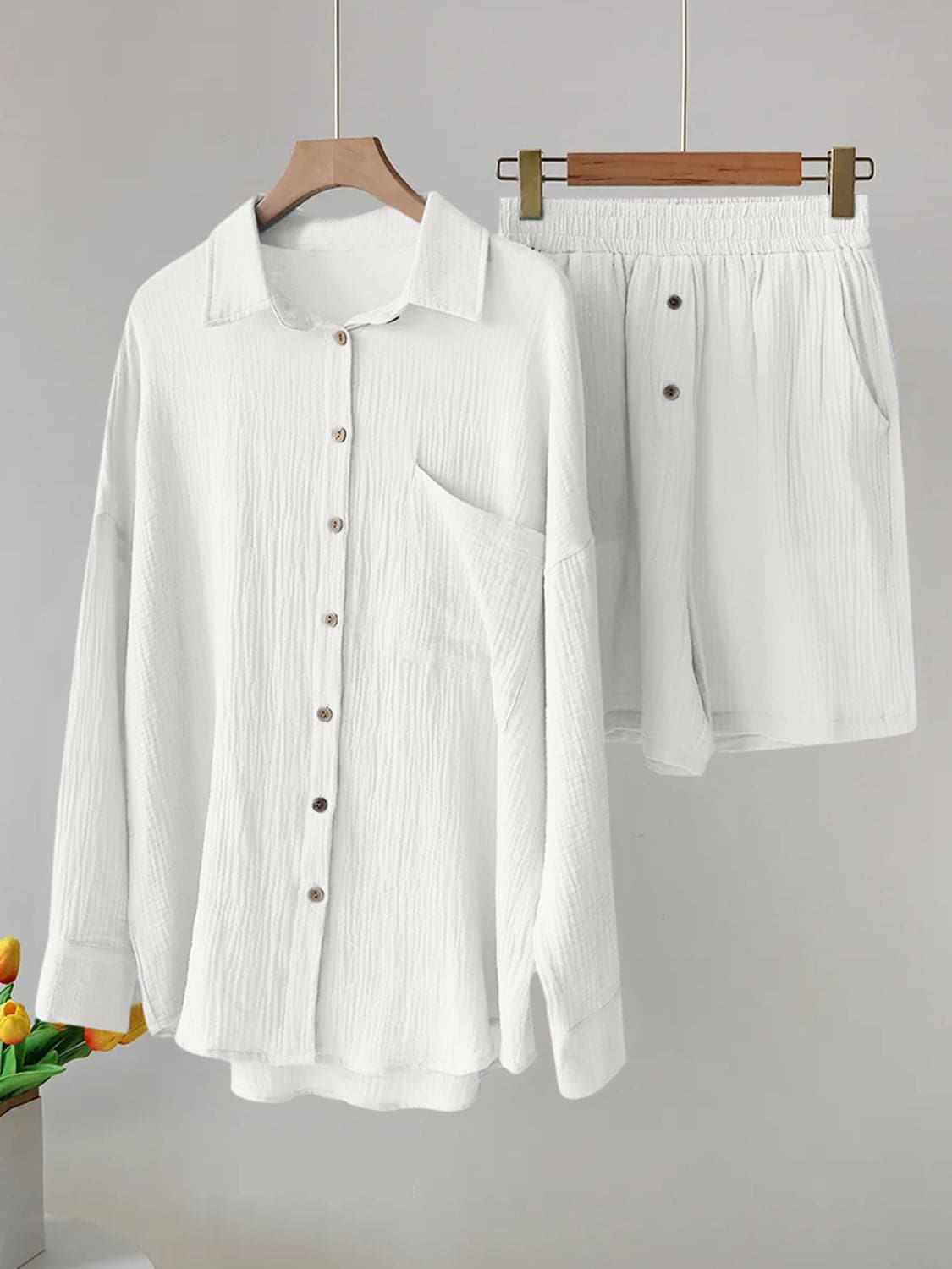 Button Up Dropped Shoulder Top and Shorts Set.