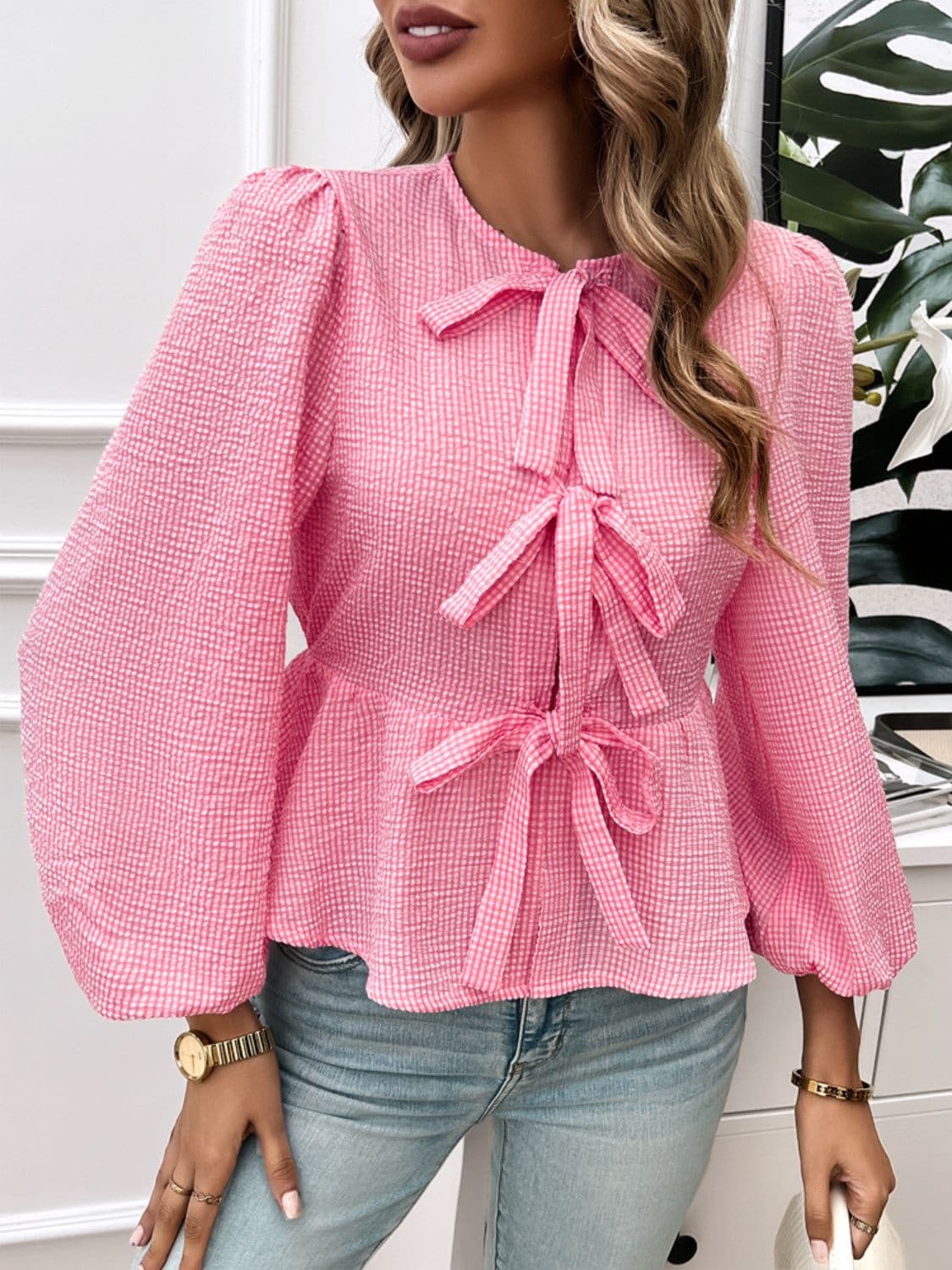 Tied neck sheer long sleeve blouse