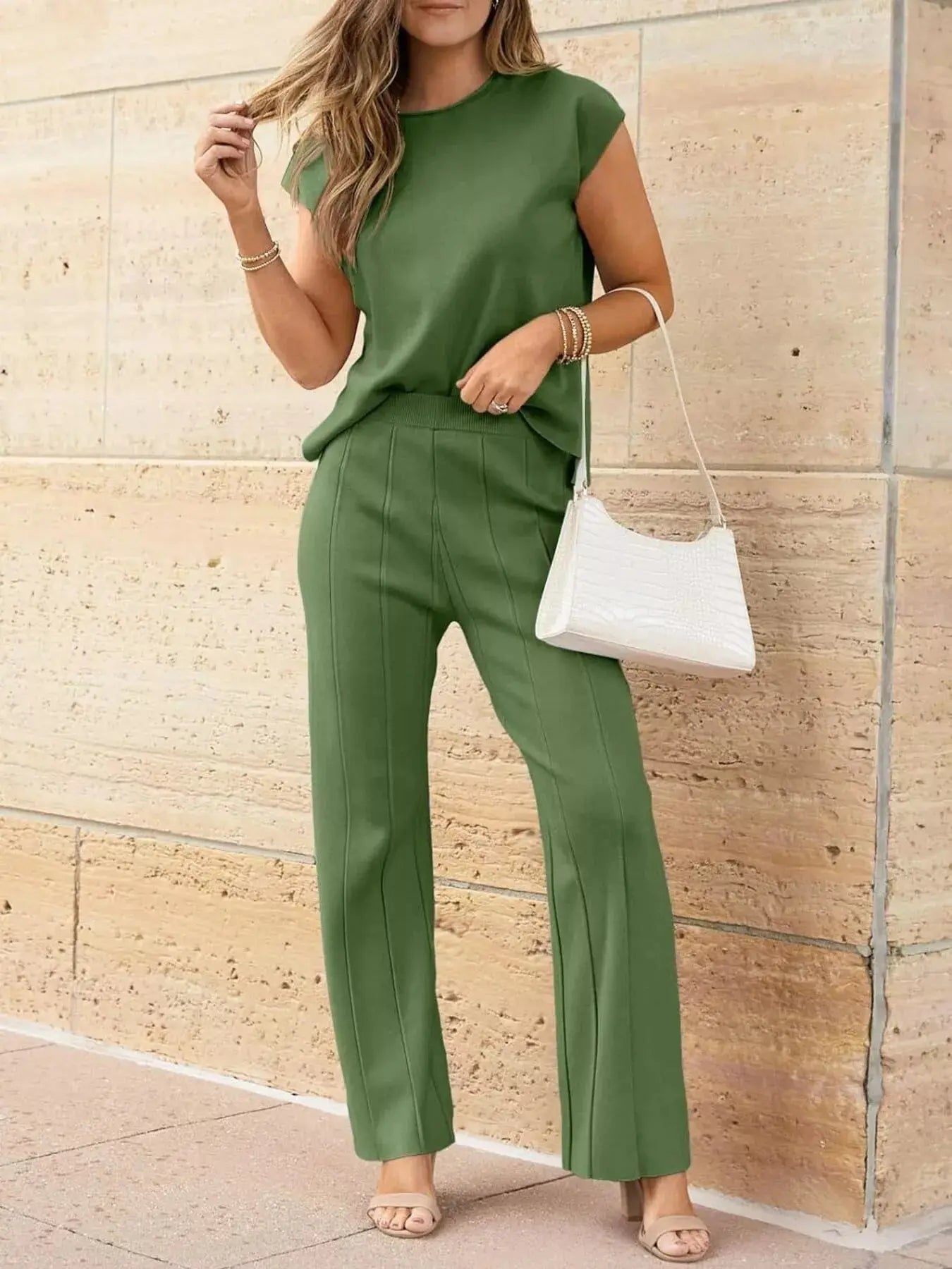 Casual Solid Color Cap Sleeve Top and Pants Knit Set Simply Love