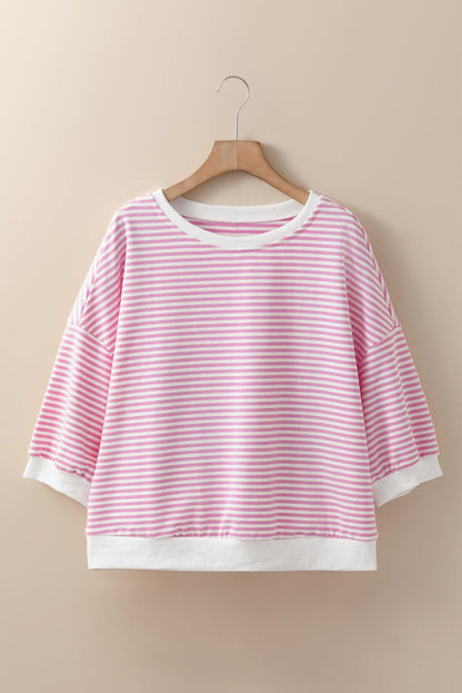 Pink Striped 3/4 Sleeve Relaxed Fit Top