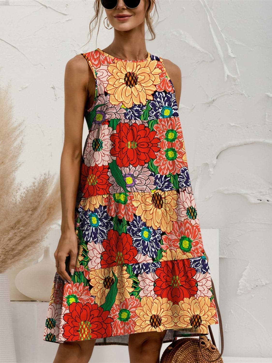 Tiered Printed Round Neck Sleeveless Dress.