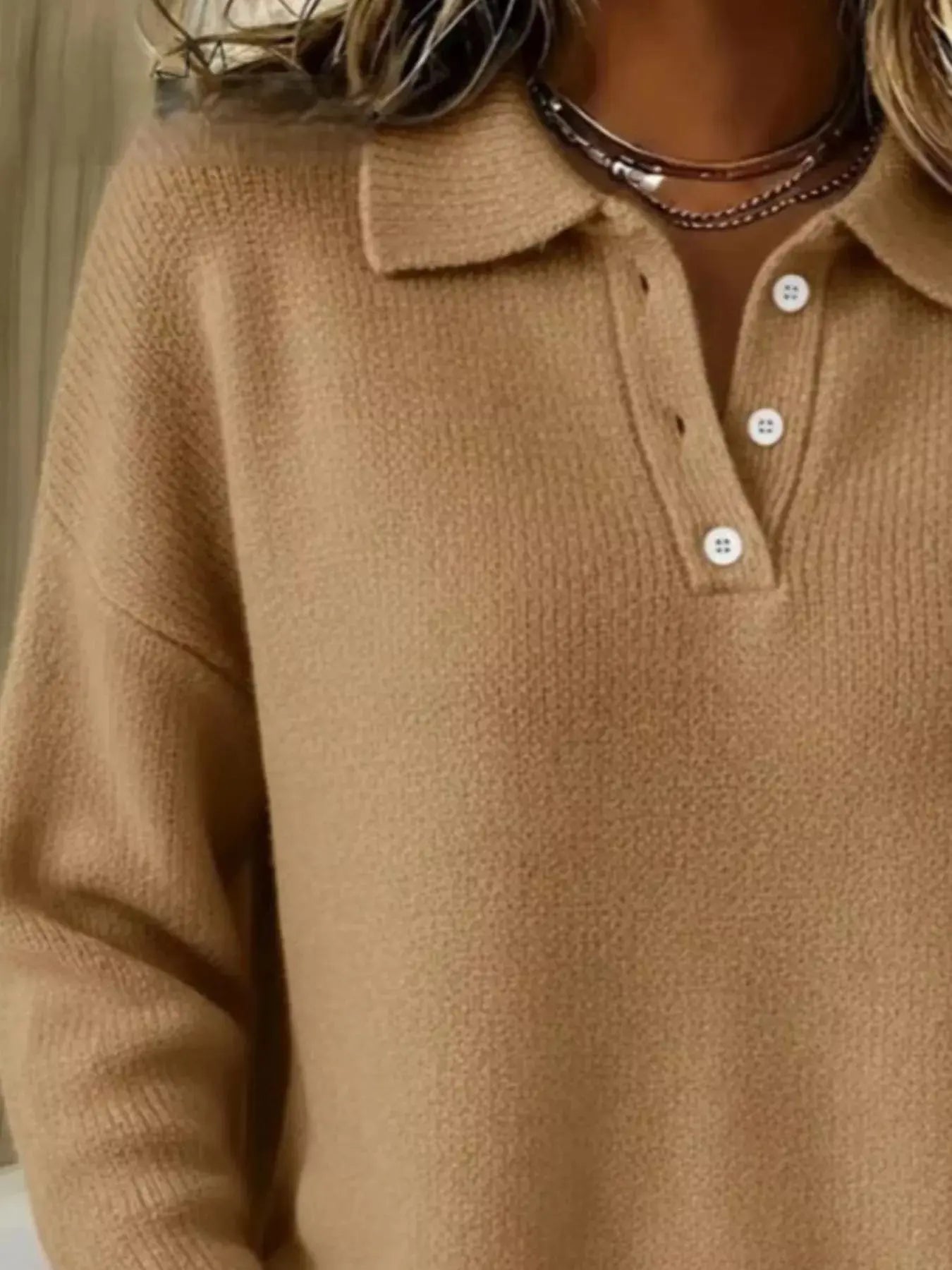 Full Size Half Button Collar Drop Shoulder Sweater Plus Size Simply Love