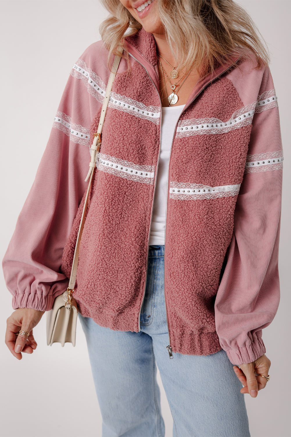 Cozy rose pink sherpa jacket with lace detailing and zip-up style