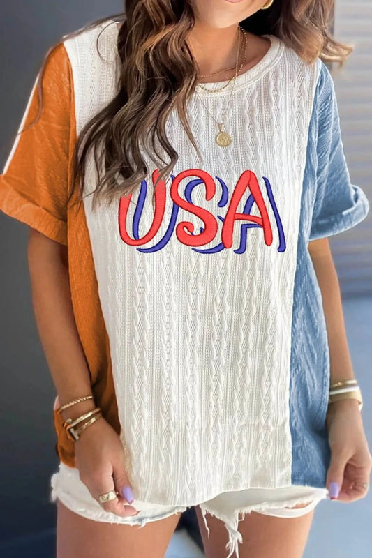 USA Embroidered Cable Textured Knit Cuffed Sleeve Color Block Tee Simply Love