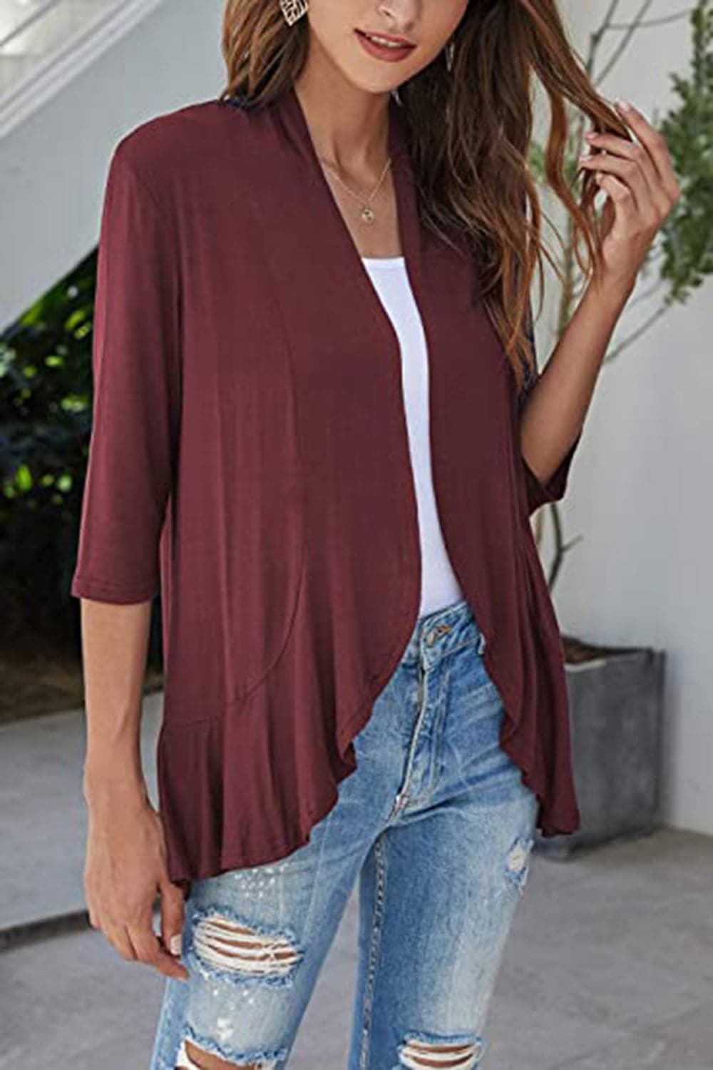 Open Front Three-Quarter Sleeve Cardigan.