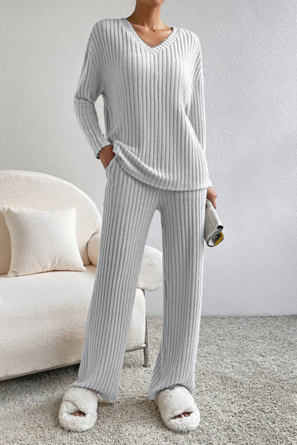 Ribbed V-Neck Top and Pants Set.