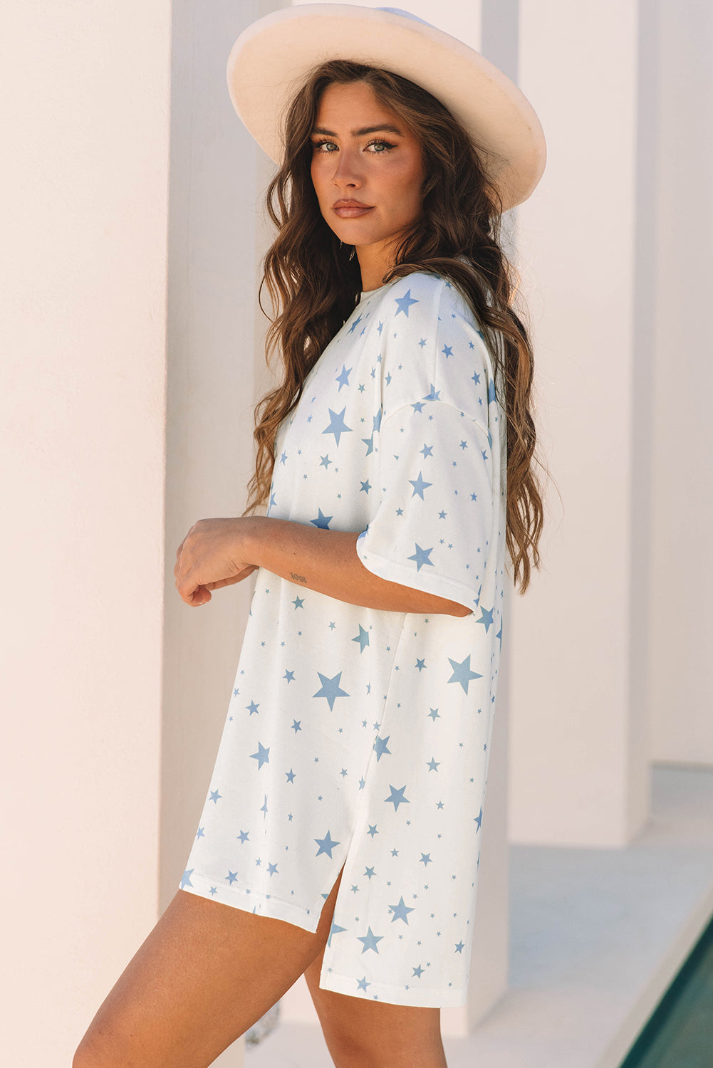 Sky Blue Stars Print Drop Shoulder Oversized T Shirt