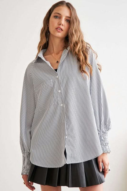 Trendy High-Low Striped Button-Up Shirt with Smocked Lantern Sleeves