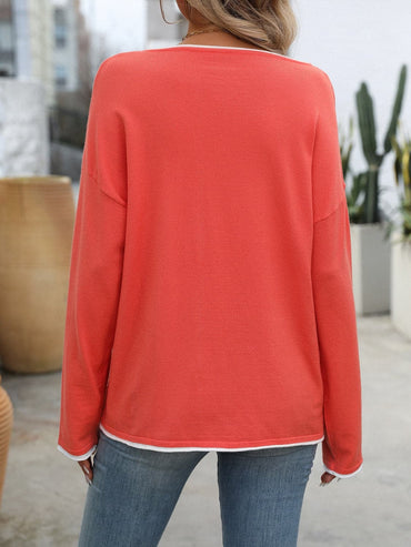 Contrast Trim Round Neck Long Sleeve Sweater.