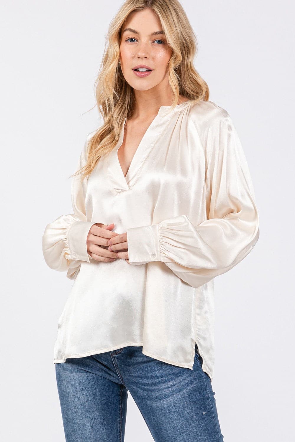 Chic notched long sleeve blouse by SAGE + FIG