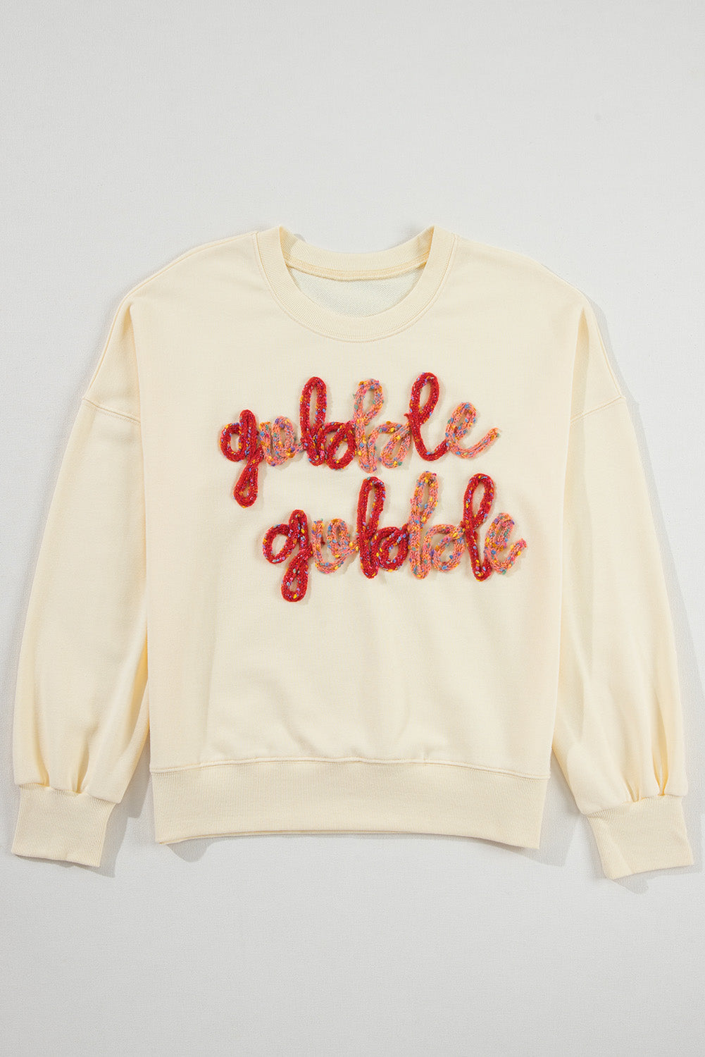 Apricot Thanksgiving Gobble Gobble Embroidered Pattern Drop Shoulder Crew Neck Sweatshirt