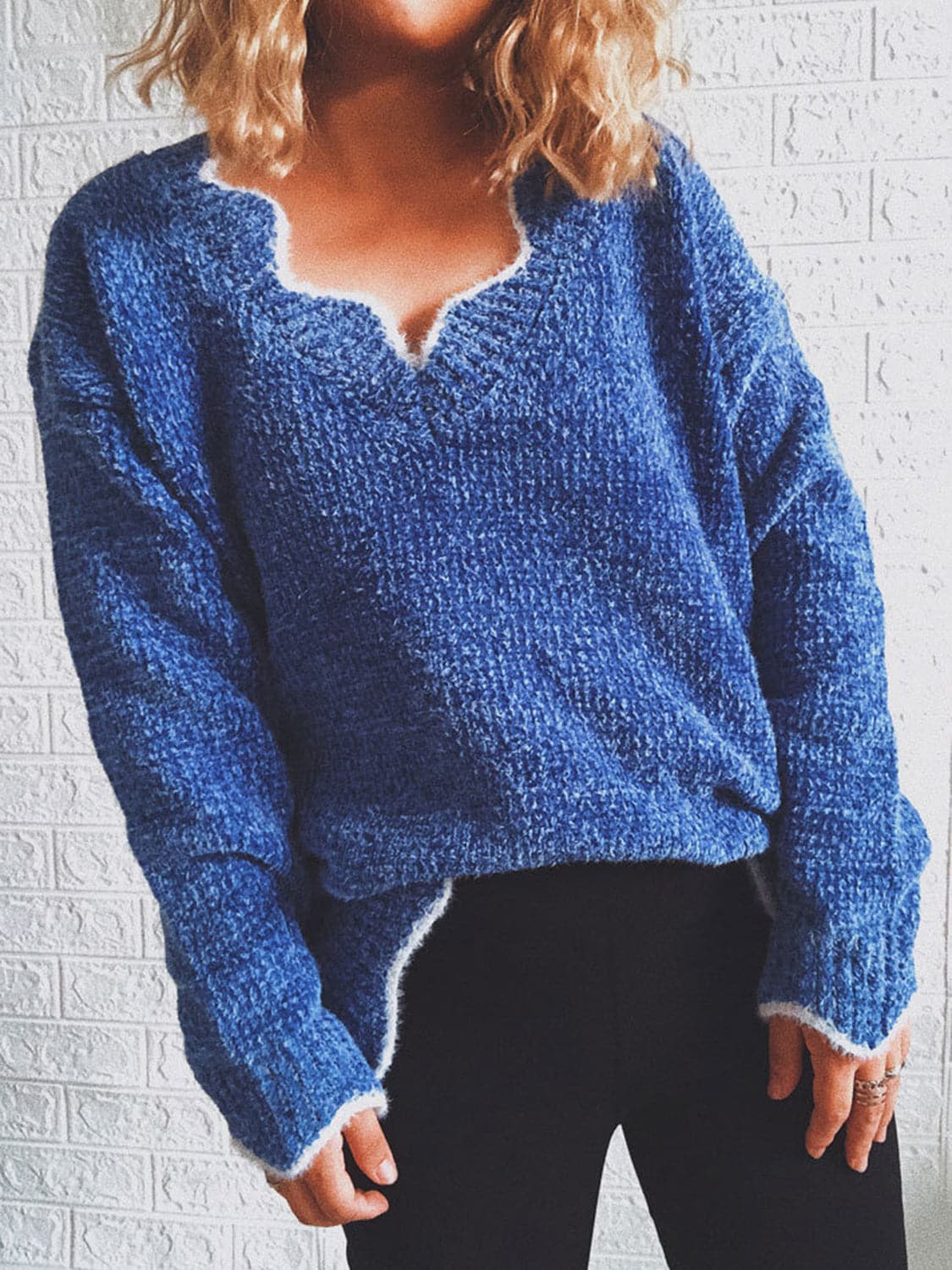 Notched Dropped Shoulder Long Sleeve Sweater.