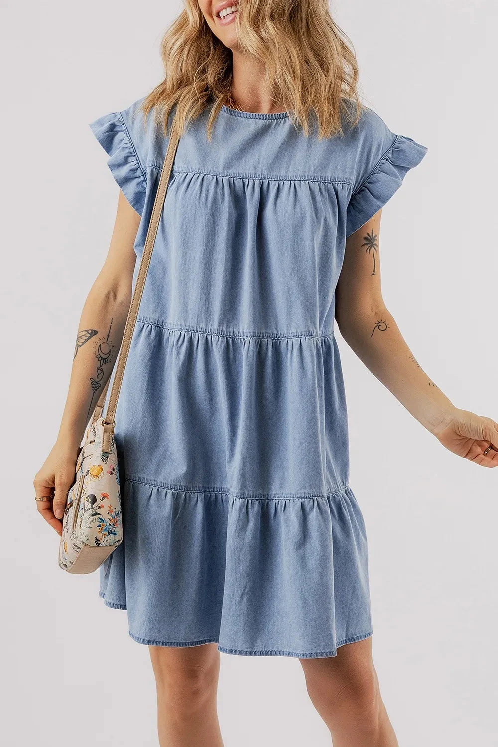 Ruffle Cap Sleeve Tiered A-line Denim Dress Simply Love