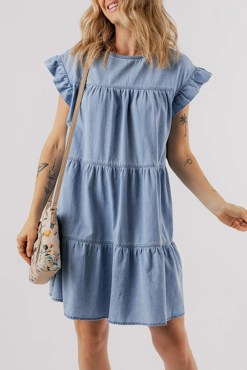 Ruffle Cap Sleeve Tiered A-line Denim Dress