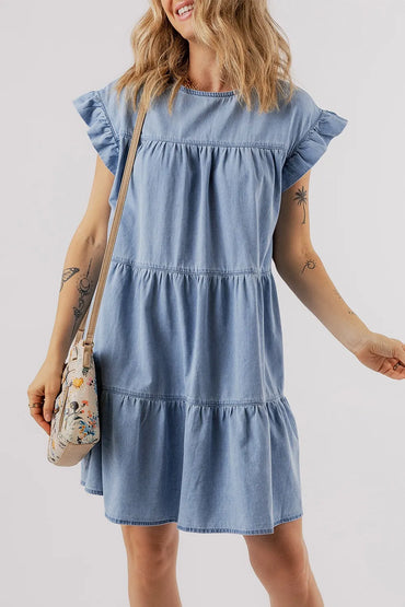 Ruffle Cap Sleeve Tiered A-line Denim Dress