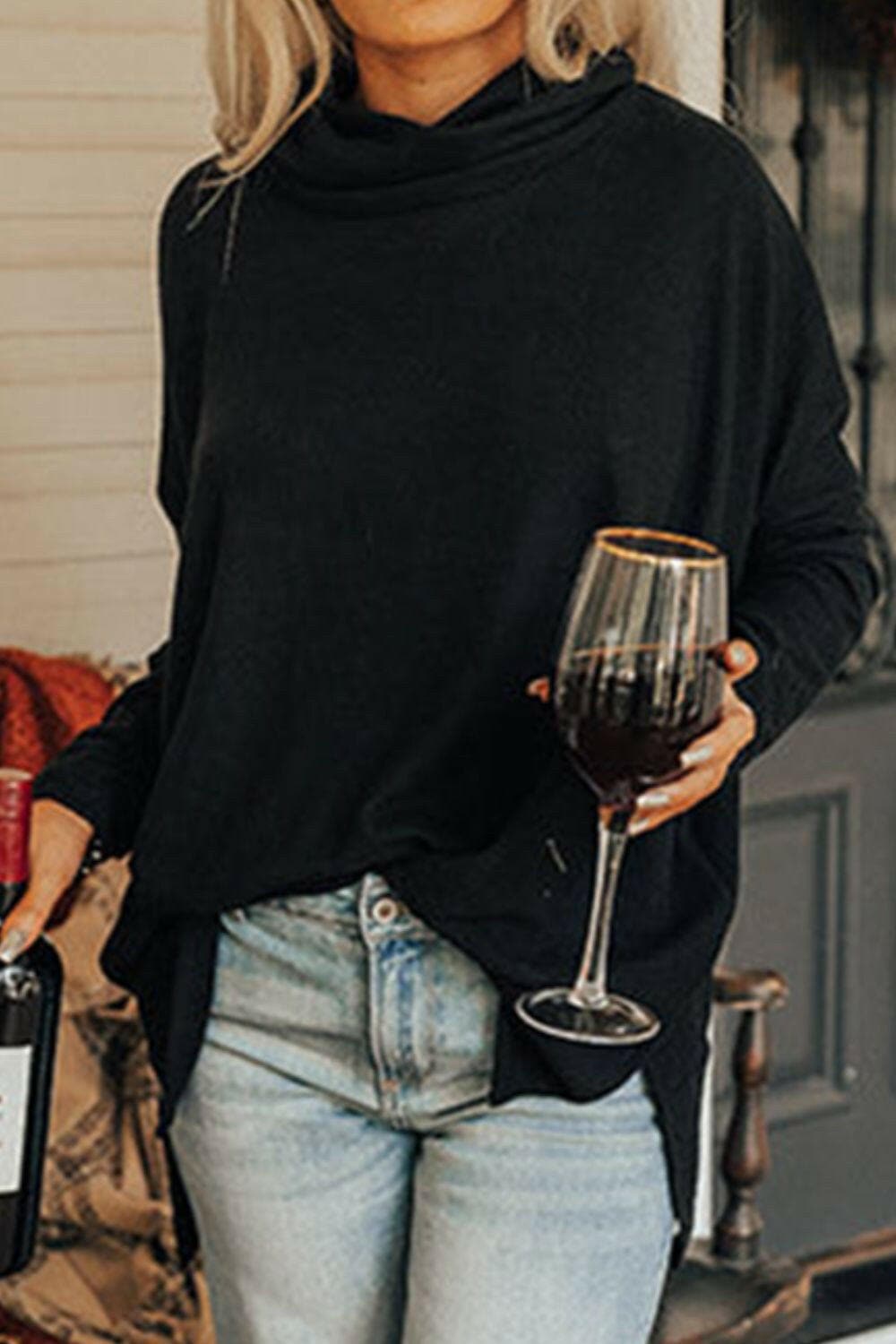 Cowl Neck Long Sleeve Slit Blouse.