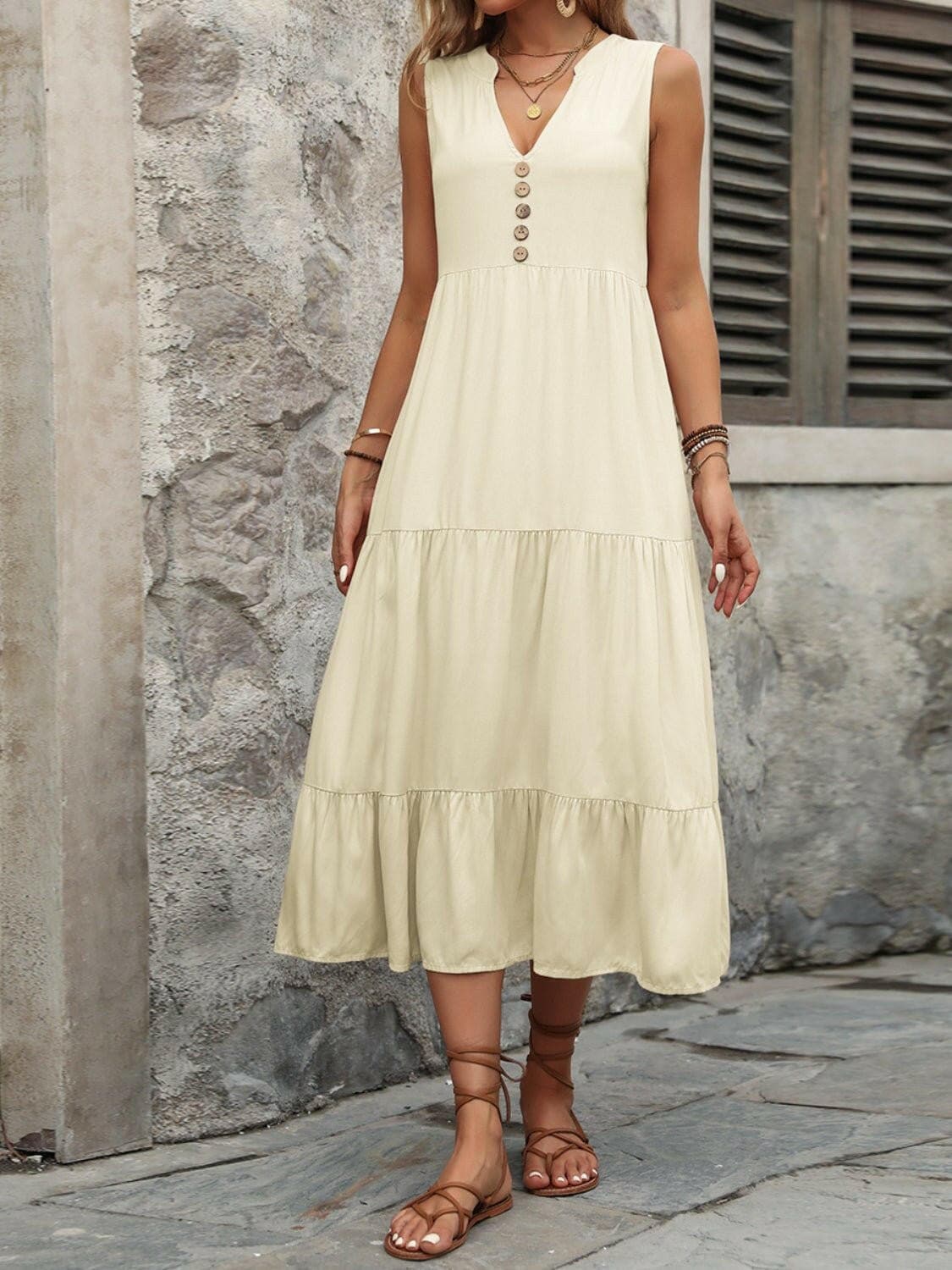 Decorative Button Notched Sleeveless Dress - Love Salve