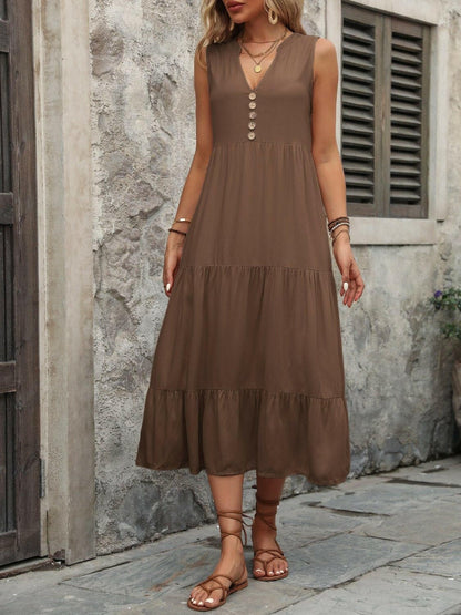 Decorative Button Notched Sleeveless Dress - Love Salve