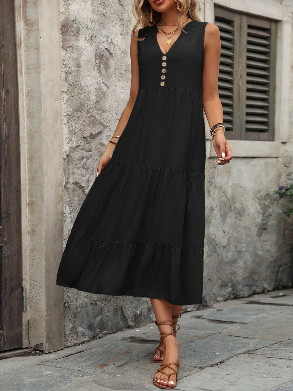 Decorative Button Notched Sleeveless Dress - Love Salve