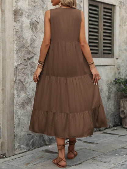 Decorative Button Notched Sleeveless Dress - Love Salve