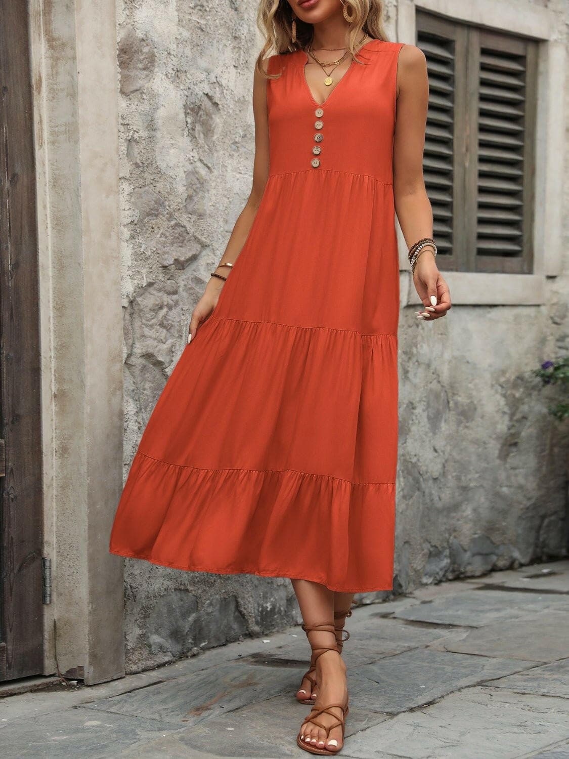 Decorative Button Notched Sleeveless Dress - Love Salve