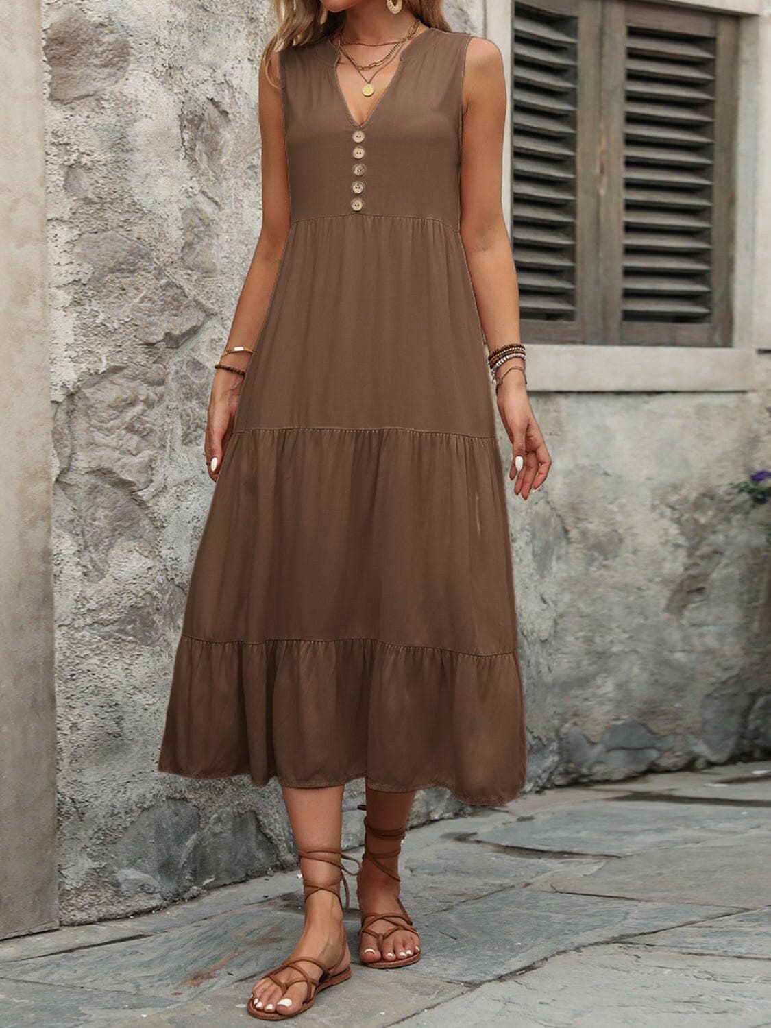 Decorative Button Notched Sleeveless Dress - Love Salve