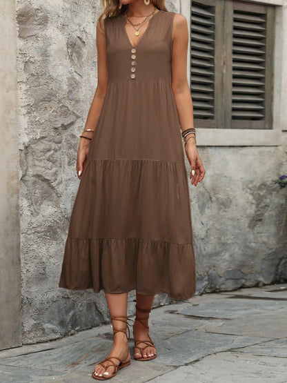 Decorative Button Notched Sleeveless Dress - Love Salve