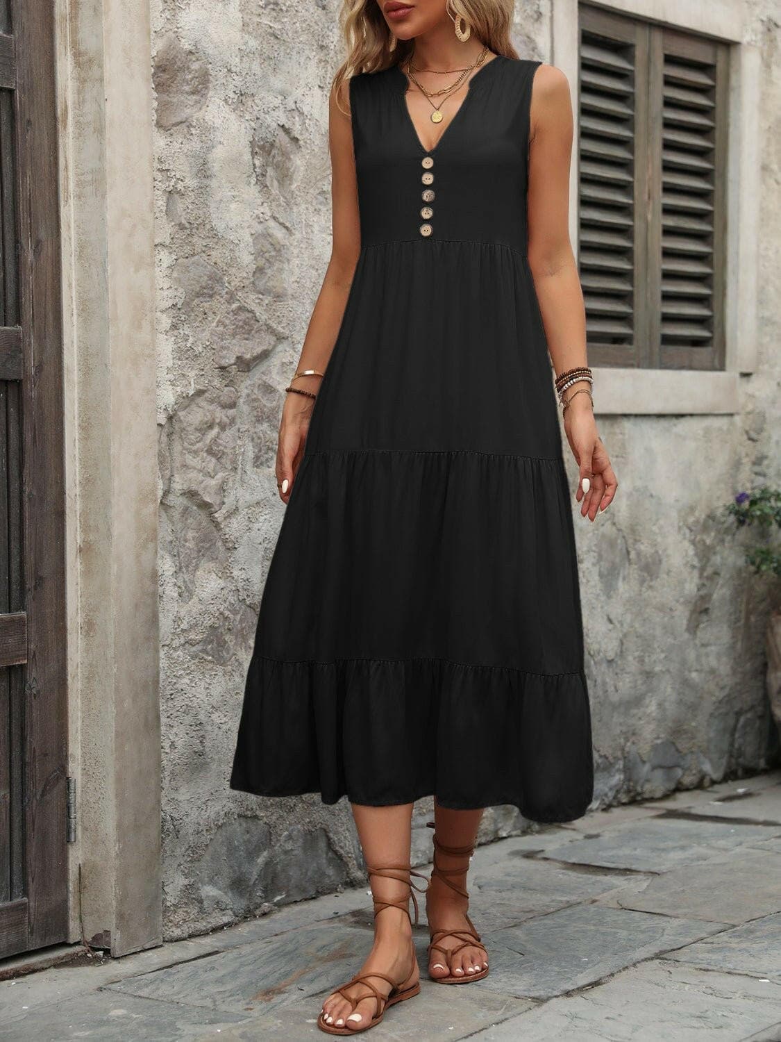 Decorative Button Notched Sleeveless Dress - Love Salve