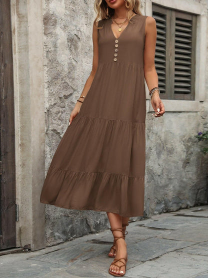 Decorative Button Notched Sleeveless Dress - Love Salve